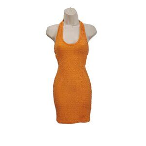 Shein Halter Mini Dress Womens Extra Small Orange Open Back Beaded Sleeveless